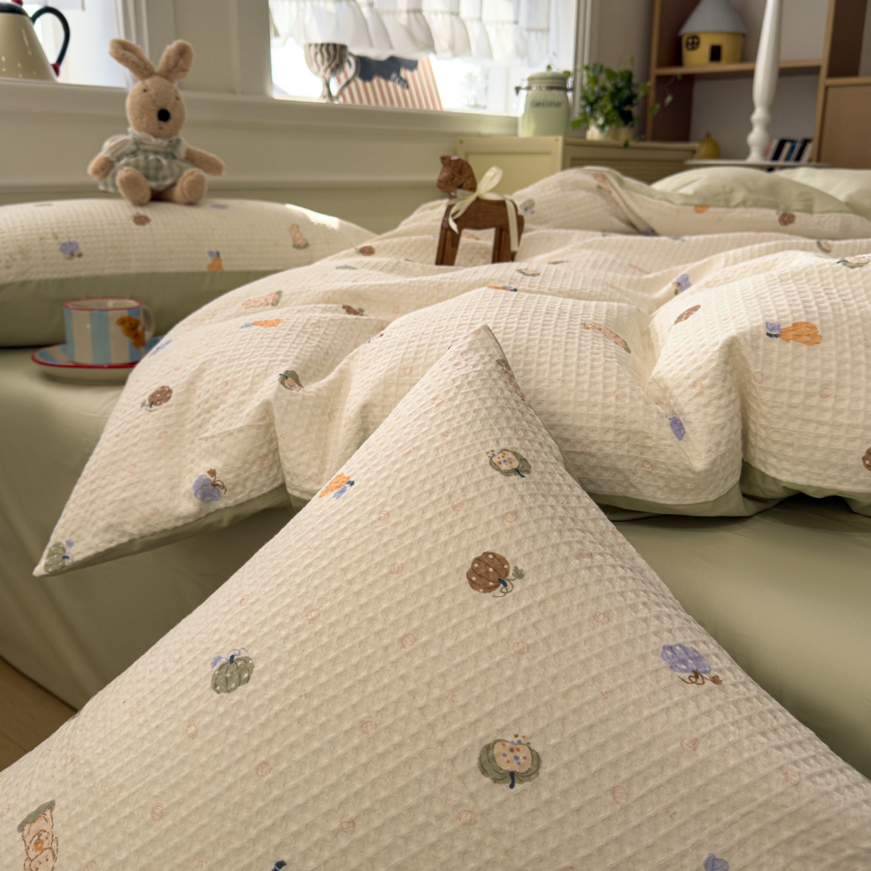 91家纺网 家纺一手货源 找家纺 眠博士 2026新款A类全棉印花华夫格工艺四件套 全棉华夫格-甜瓜萌兔