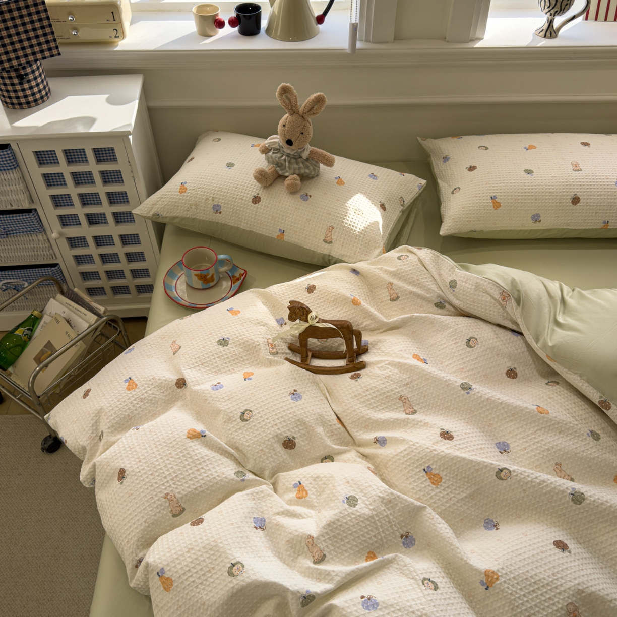 91家纺网 家纺一手货源 找家纺 眠博士 2026新款A类全棉印花华夫格工艺四件套 全棉华夫格-甜瓜萌兔