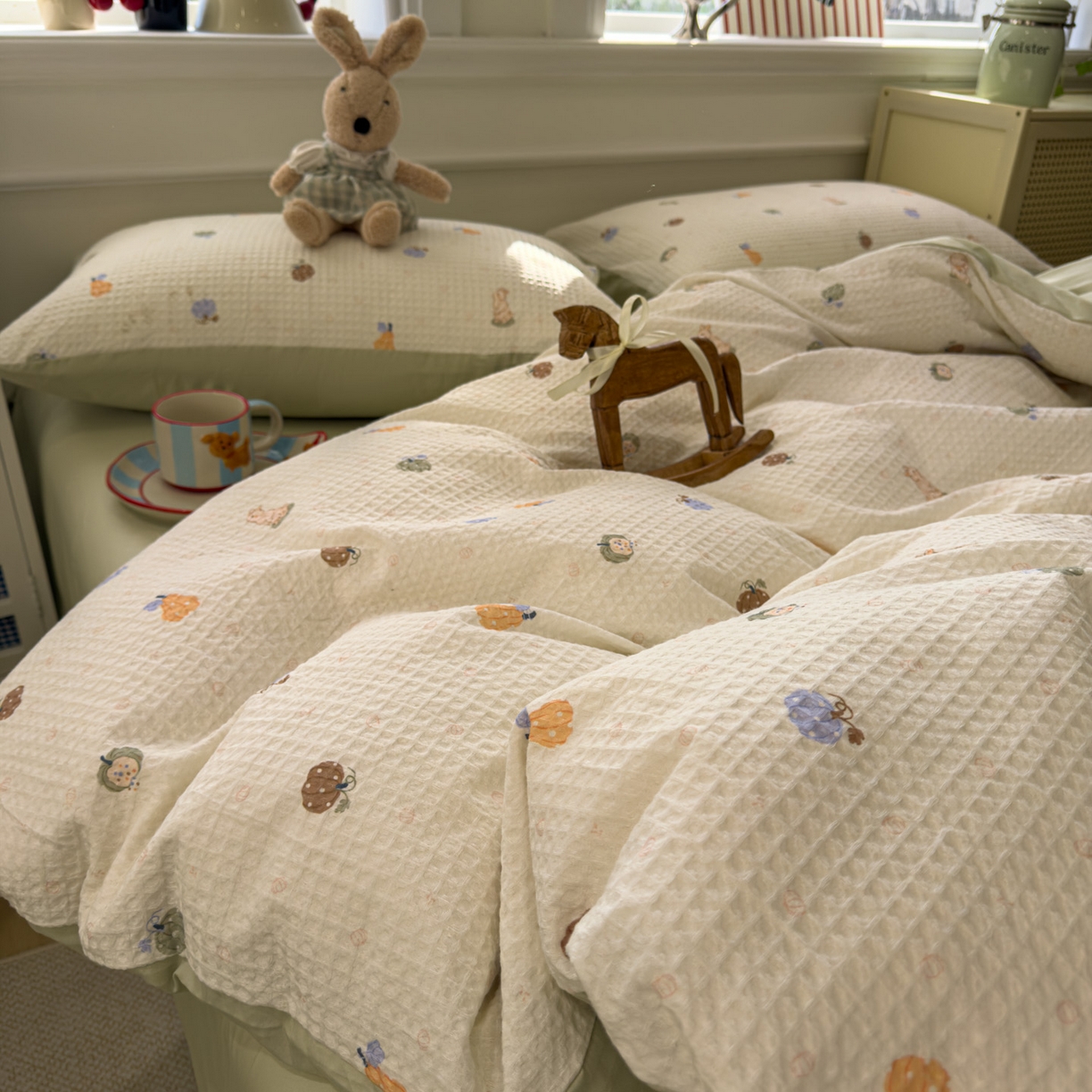 91家纺网 家纺一手货源 找家纺 眠博士 2026新款A类全棉印花华夫格工艺四件套 全棉华夫格-甜瓜萌兔