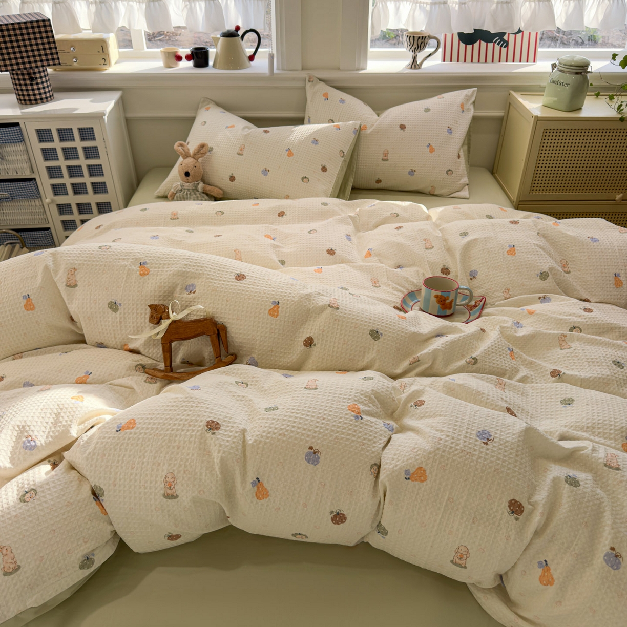 91家纺网 家纺一手货源 找家纺 眠博士 2026新款A类全棉印花华夫格工艺四件套 全棉华夫格-甜瓜萌兔