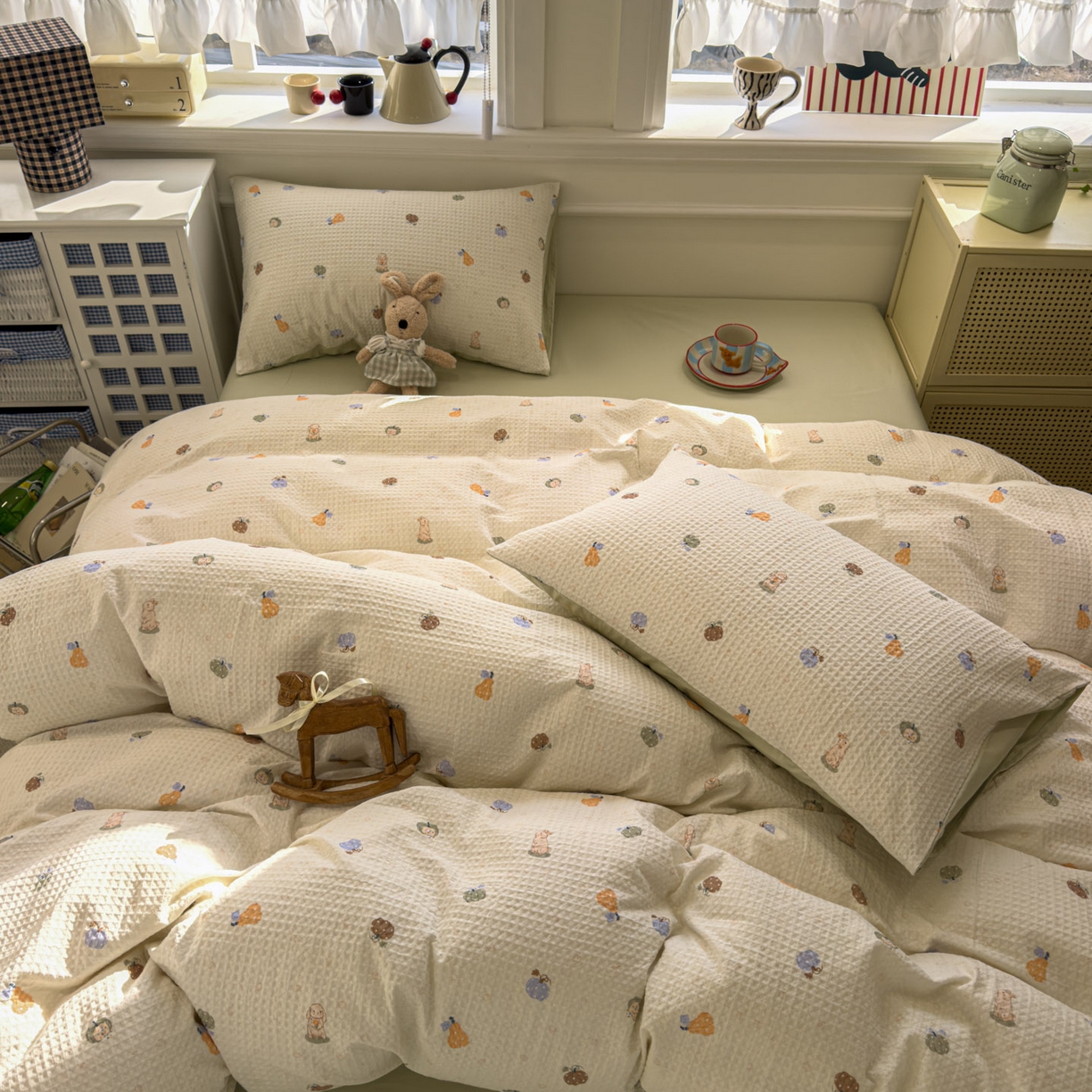 91家纺网 家纺一手货源 找家纺 眠博士 2026新款A类全棉印花华夫格工艺四件套 全棉华夫格-甜瓜萌兔