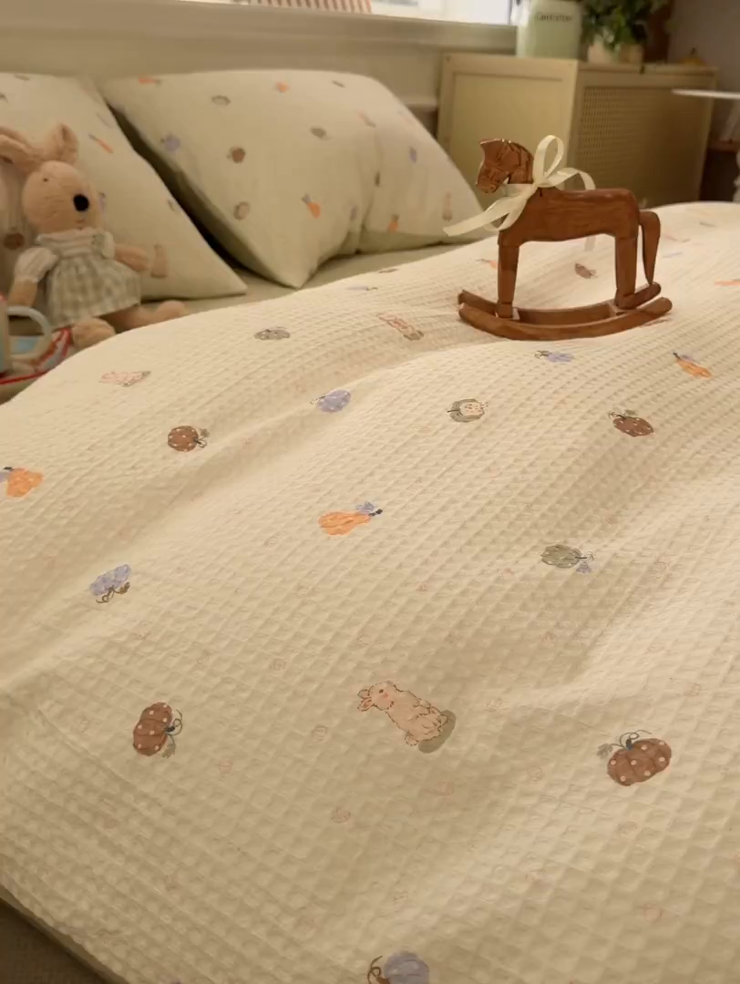 91家纺网 家纺一手货源 找家纺 眠博士 2026新款A类全棉印花华夫格工艺四件套 全棉华夫格-甜瓜萌兔