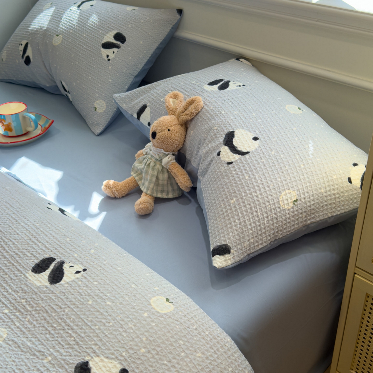 91家纺网 家纺一手货源 找家纺 眠博士 2026新款A类全棉印花华夫格工艺四件套 全棉华夫格-熊宝蓝