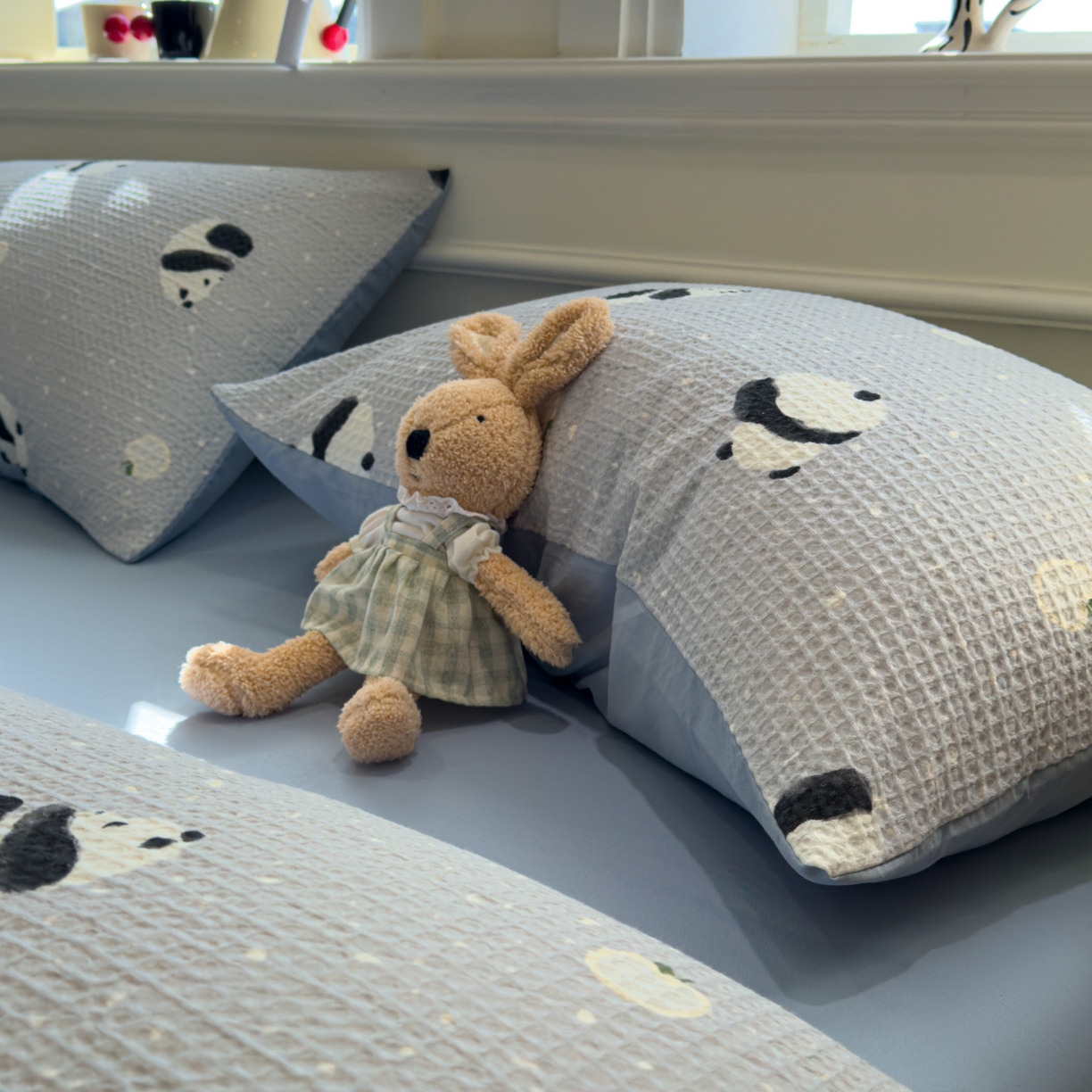 91家纺网 家纺一手货源 找家纺 眠博士 2026新款A类全棉印花华夫格工艺四件套 全棉华夫格-熊宝蓝