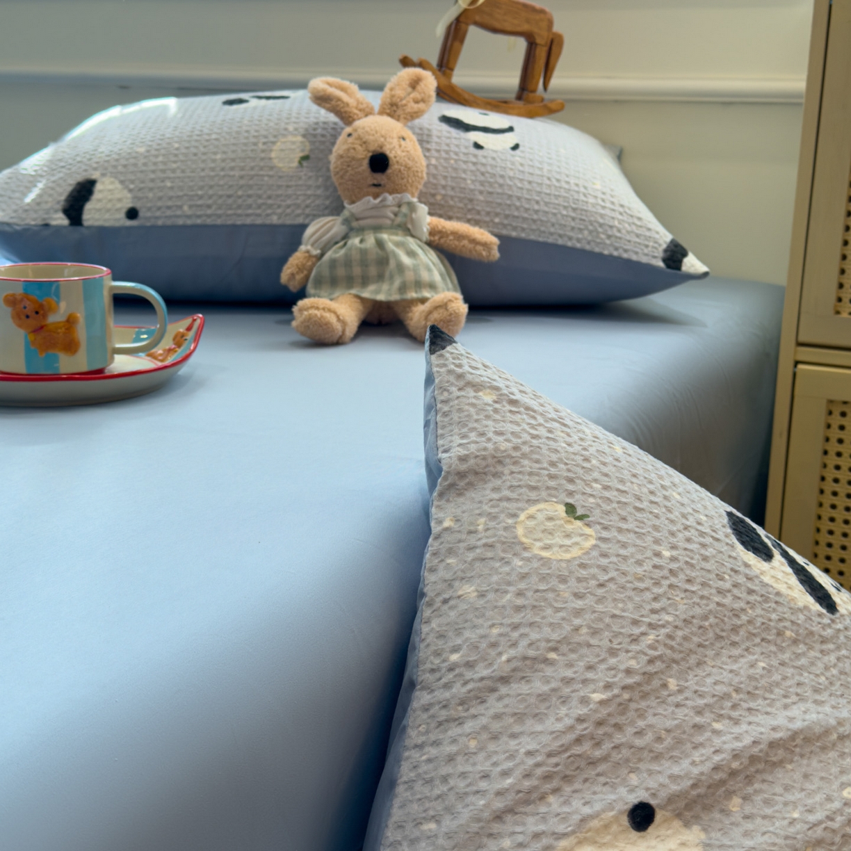 91家纺网 家纺一手货源 找家纺 眠博士 2026新款A类全棉印花华夫格工艺四件套 全棉华夫格-熊宝蓝