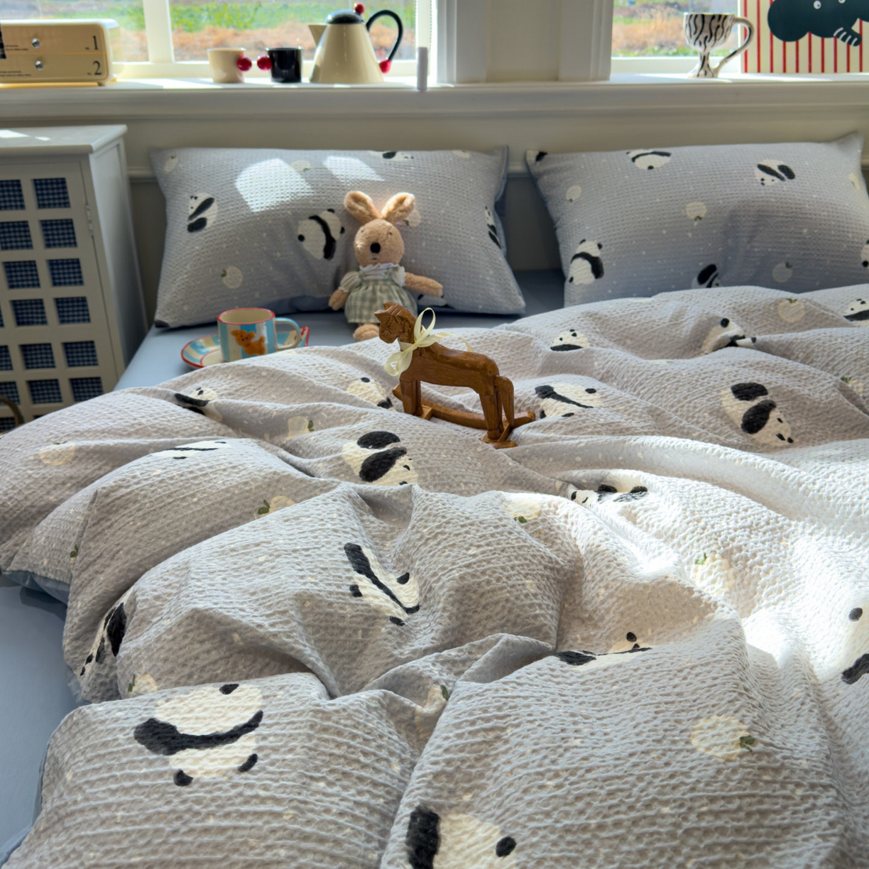 91家纺网 家纺一手货源 找家纺 眠博士 2026新款A类全棉印花华夫格工艺四件套 全棉华夫格-熊宝蓝