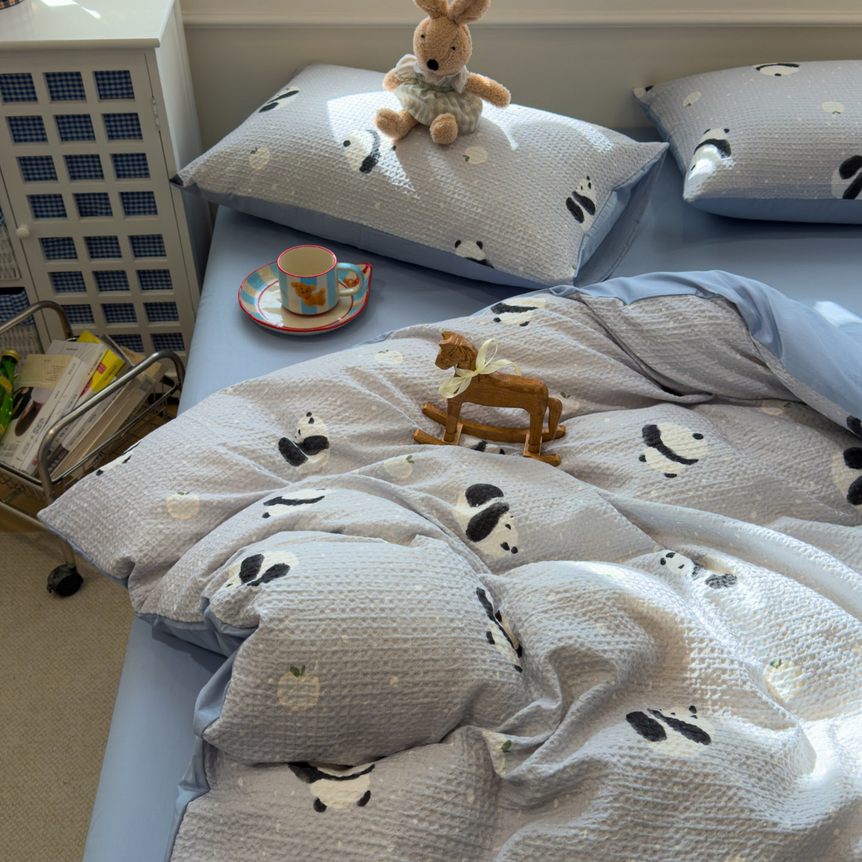 91家纺网 家纺一手货源 找家纺 眠博士 2026新款A类全棉印花华夫格工艺四件套 全棉华夫格-熊宝蓝