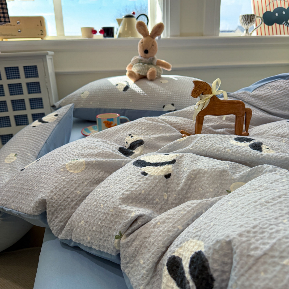 91家纺网 家纺一手货源 找家纺 眠博士 2026新款A类全棉印花华夫格工艺四件套 全棉华夫格-熊宝蓝