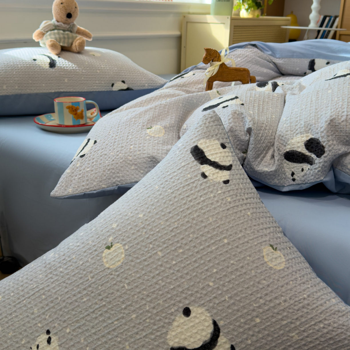 91家纺网 家纺一手货源 找家纺 眠博士 2026新款A类全棉印花华夫格工艺四件套 全棉华夫格-熊宝蓝