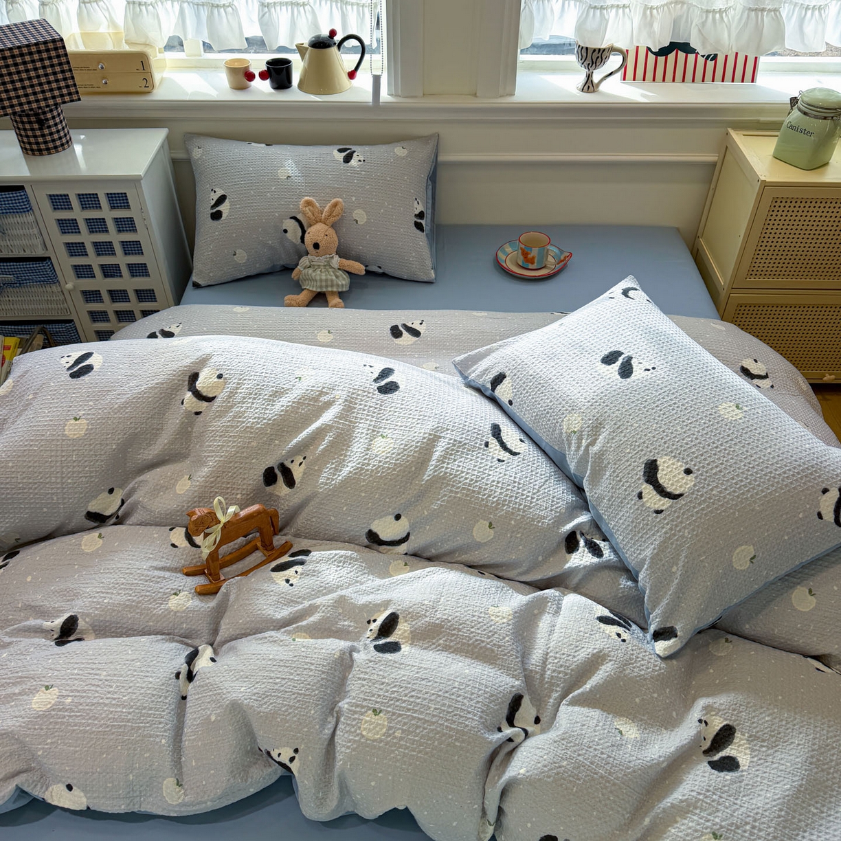 91家纺网 家纺一手货源 找家纺 眠博士 2026新款A类全棉印花华夫格工艺四件套 全棉华夫格-熊宝蓝