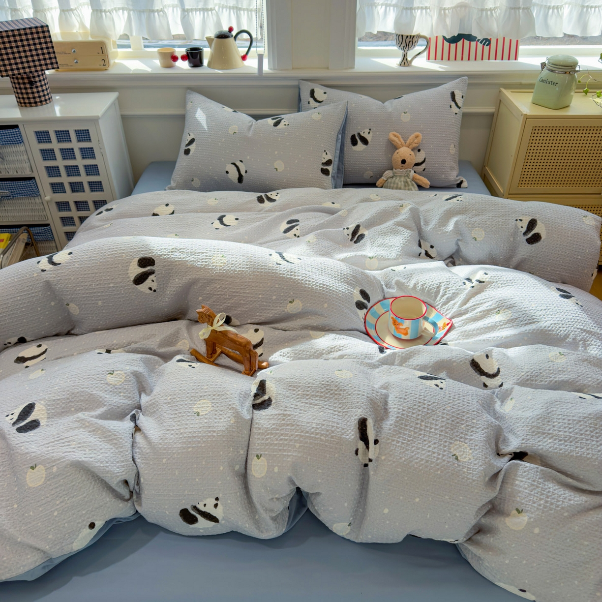 91家纺网 家纺一手货源 找家纺 眠博士 2026新款A类全棉印花华夫格工艺四件套 全棉华夫格-熊宝蓝