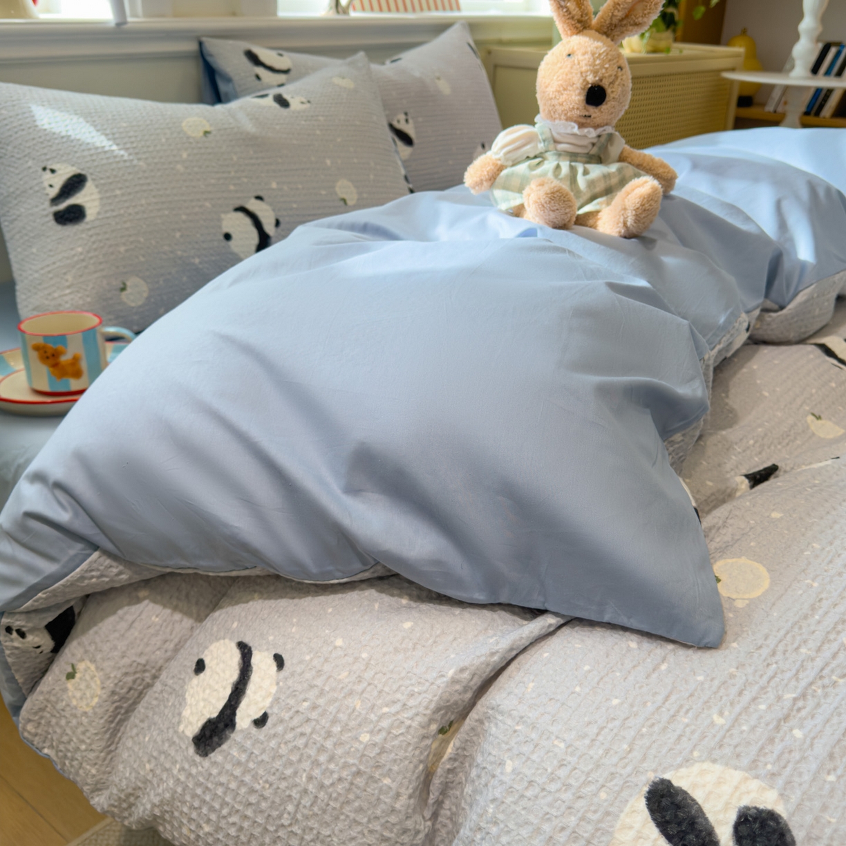 91家纺网 家纺一手货源 找家纺 眠博士 2026新款A类全棉印花华夫格工艺四件套 全棉华夫格-熊宝蓝