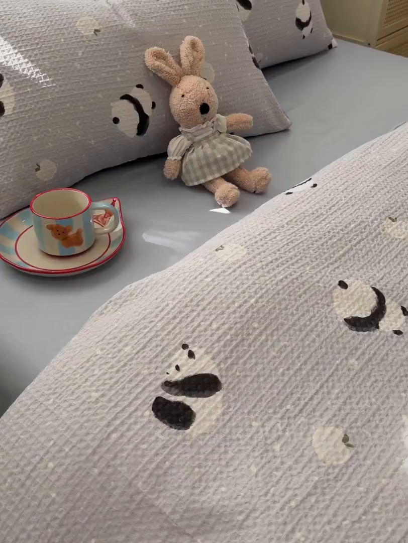 91家纺网 家纺一手货源 找家纺 眠博士 2026新款A类全棉印花华夫格工艺四件套 全棉华夫格-熊宝蓝