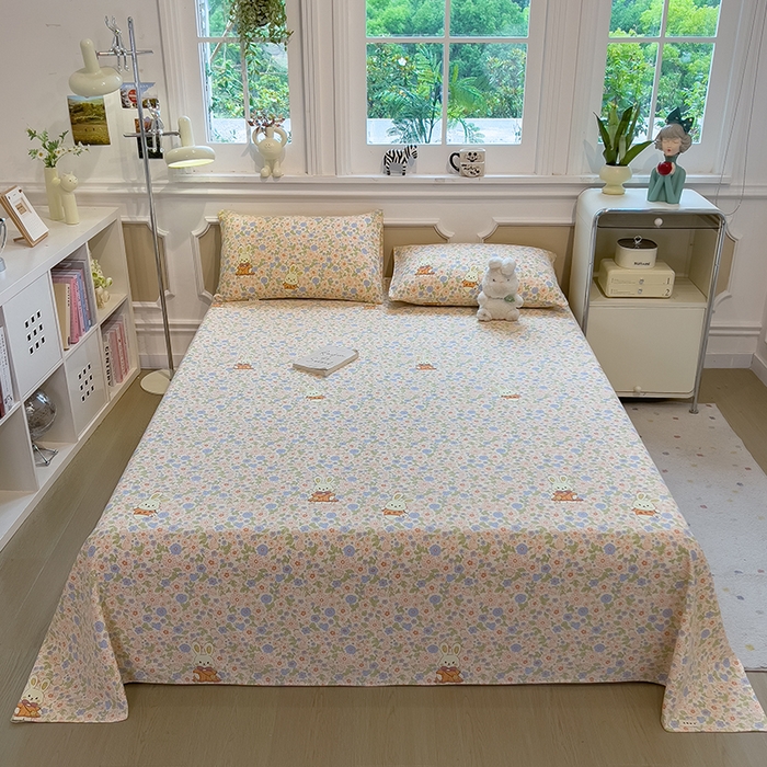 91家纺网 家纺一手货源 找家纺 芃成家纺 2026新款老粗布单床单 花园小兔