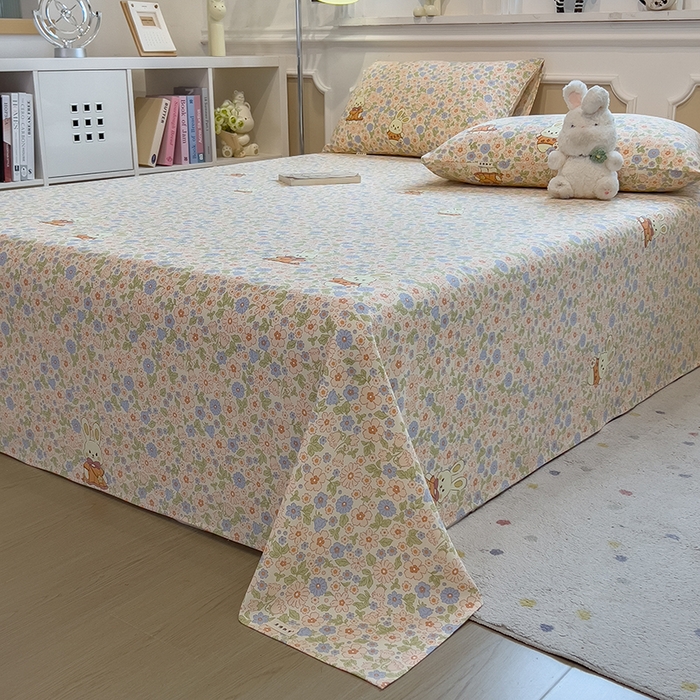 91家纺网 家纺一手货源 找家纺 芃成家纺 2026新款老粗布单床单 花园小兔