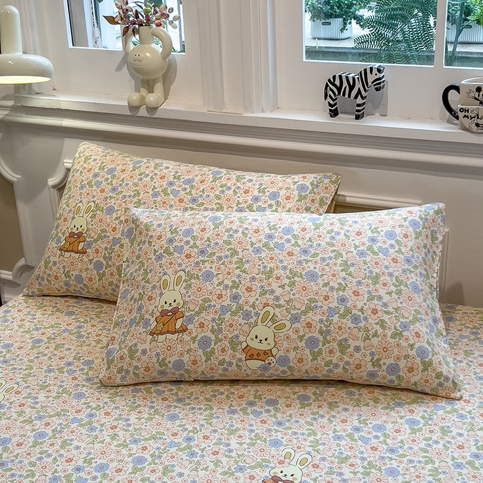 91家纺网 家纺一手货源 找家纺 芃成家纺 2026新款老粗布单床单 花园小兔