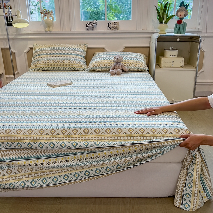 91家纺网 家纺一手货源 找家纺 芃成家纺 2026新款老粗布单床单 几何空间