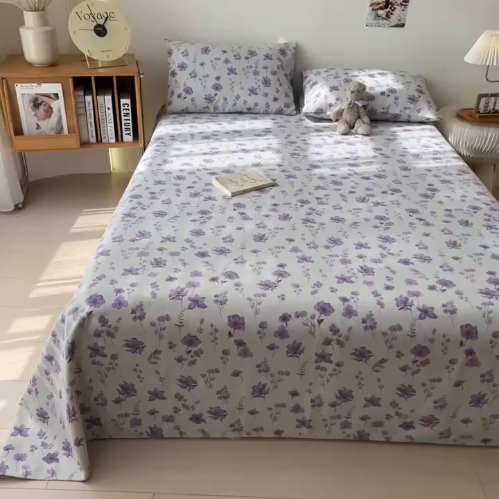 91家纺网 家纺一手货源 找家纺 芃成家纺 2026新款老粗布单床单 紫藤花