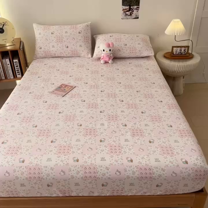 91家纺网 家纺一手货源 找家纺 芃成家纺 2026新款老粗布单床笠 hello猫