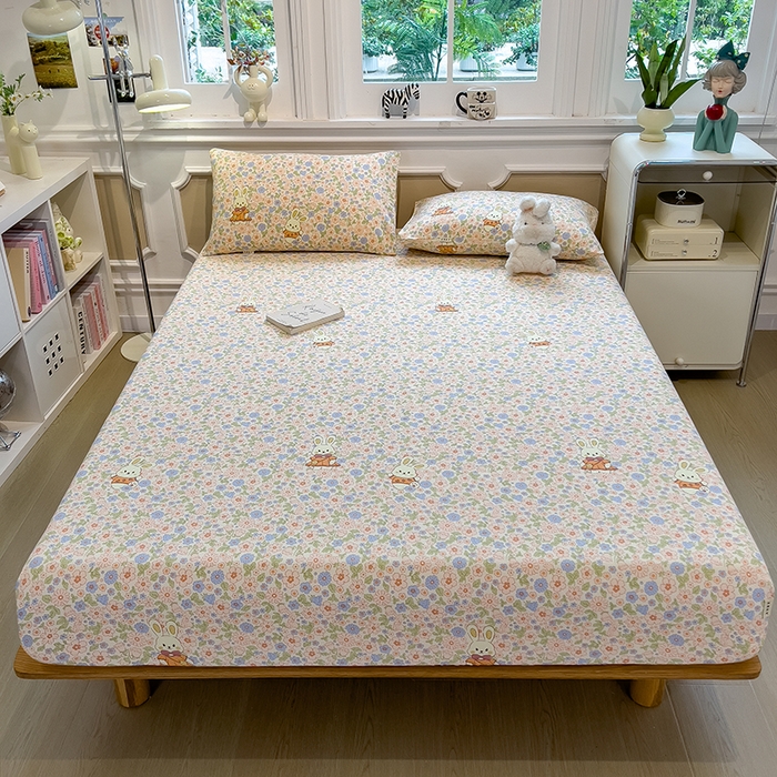 91家纺网 家纺一手货源 找家纺 芃成家纺 2026新款老粗布单床笠 花园小兔