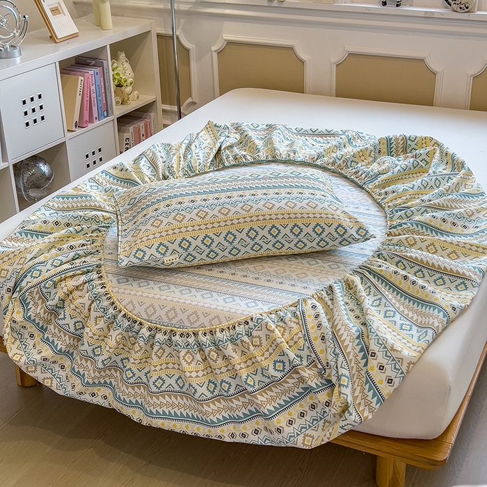 91家纺网 家纺一手货源 找家纺 芃成家纺 2026新款老粗布单床笠 几何空间