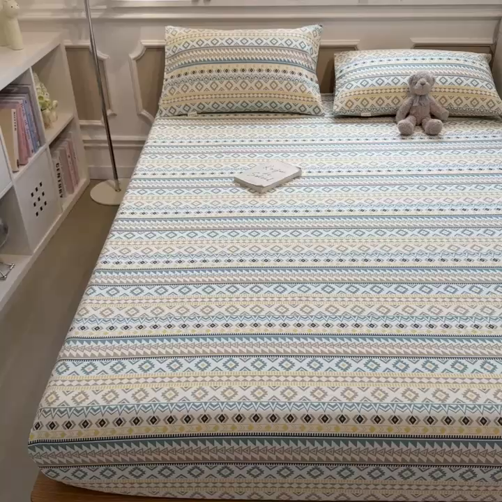 91家纺网 家纺一手货源 找家纺 芃成家纺 2026新款老粗布单床笠 几何空间