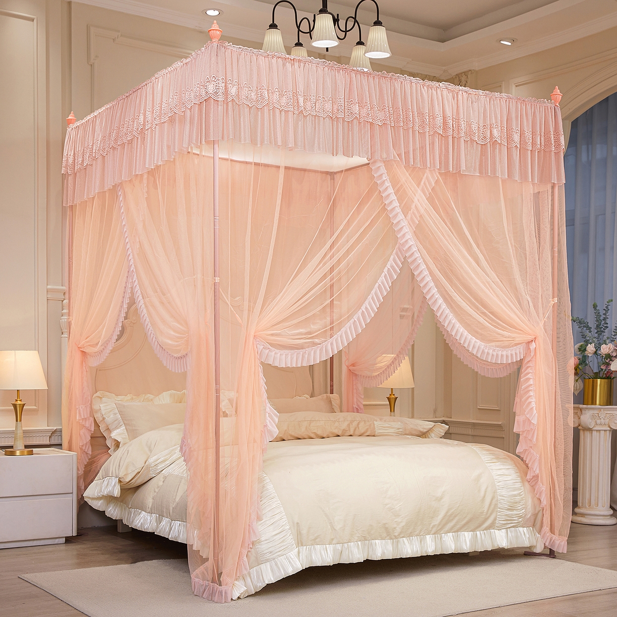 91家纺网 家纺一手货源 找家纺 海虹蚊帐 2026新款2603款三开门一体防尘顶落地蚊帐 玉色