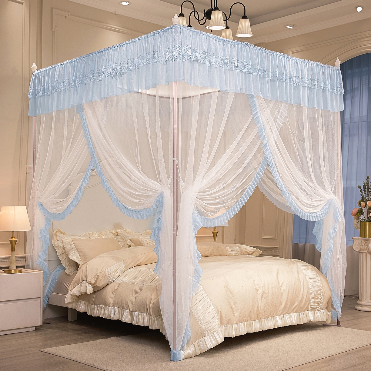 91家纺网 家纺一手货源 找家纺 海虹蚊帐 2026新款2603款三开门一体防尘顶落地蚊帐 白色