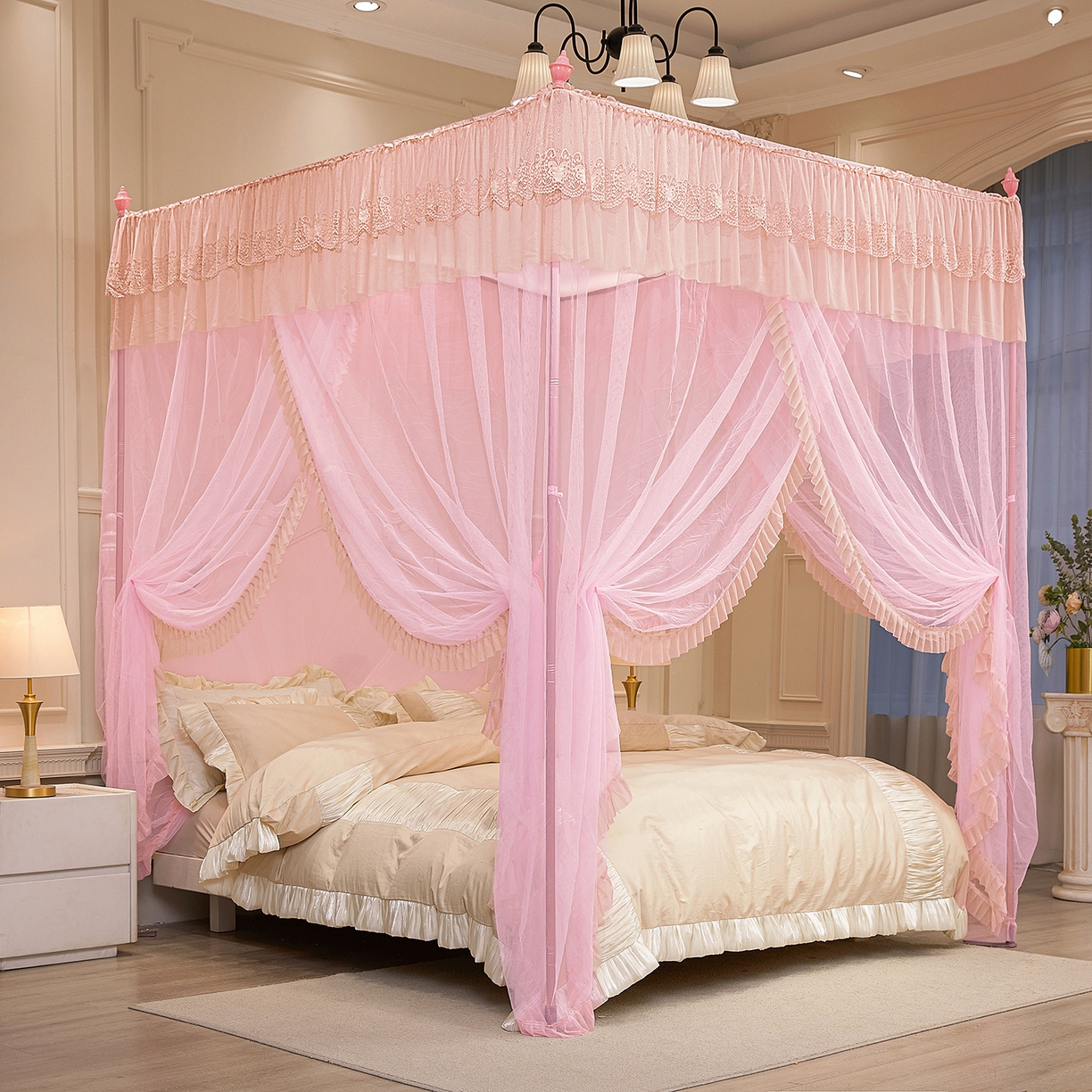 91家纺网 家纺一手货源 找家纺 海虹蚊帐 2026新款2603款三开门一体防尘顶落地蚊帐 浅粉