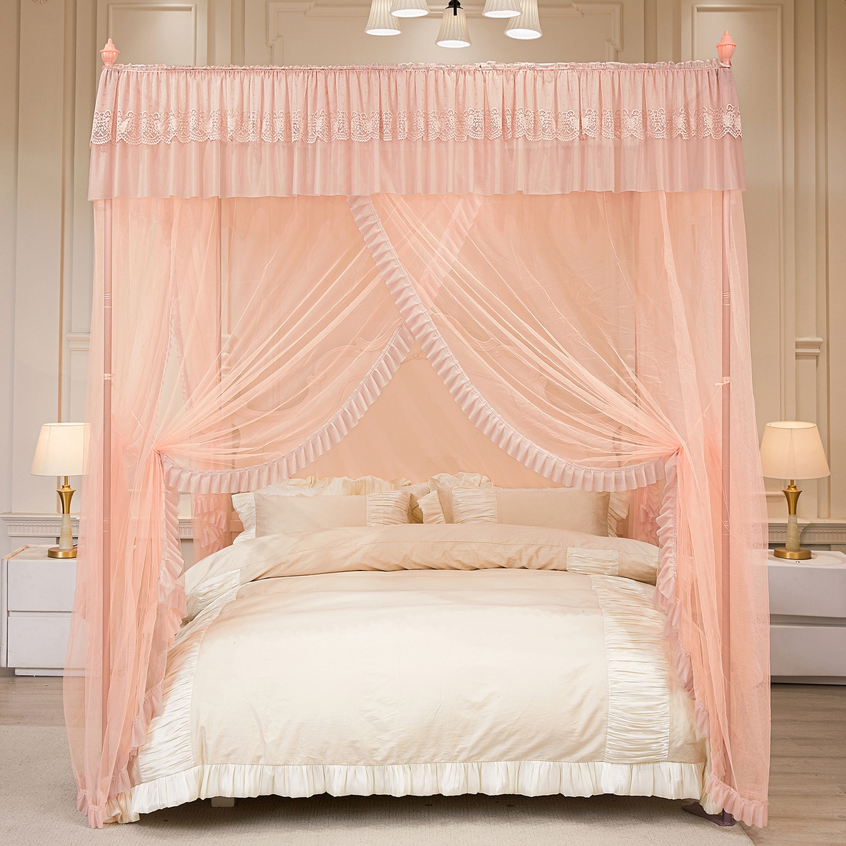 91家纺网 家纺一手货源 找家纺 海虹蚊帐 2026新款2603款三开门一体防尘顶落地蚊帐 玉色