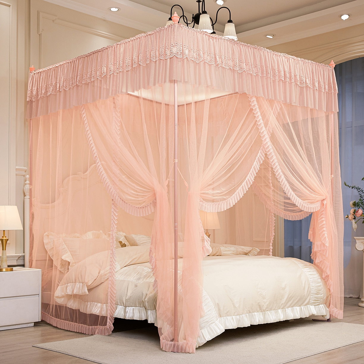 91家纺网 家纺一手货源 找家纺 海虹蚊帐 2026新款2603款三开门一体防尘顶落地蚊帐 玉色