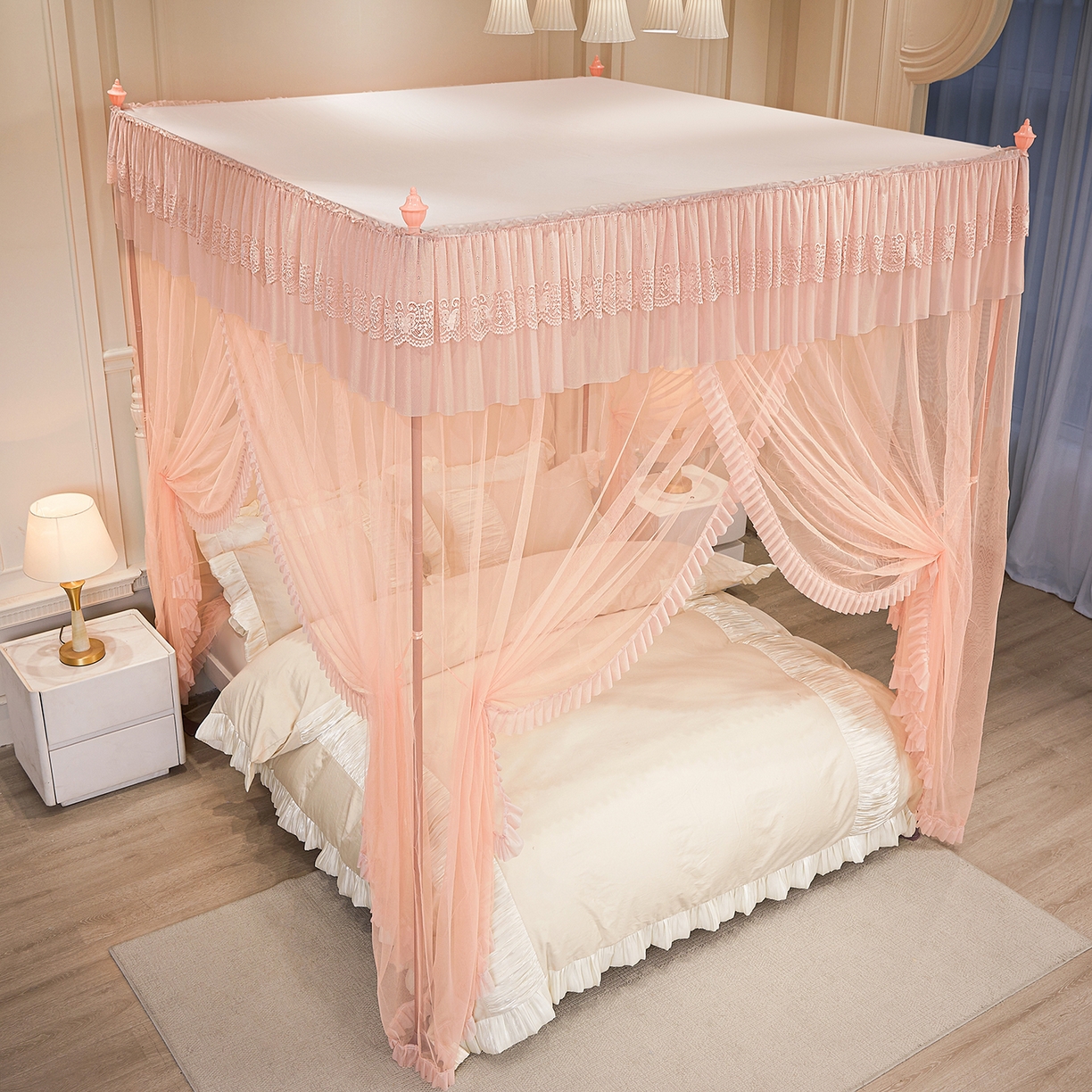 91家纺网 家纺一手货源 找家纺 海虹蚊帐 2026新款2603款三开门一体防尘顶落地蚊帐 玉色