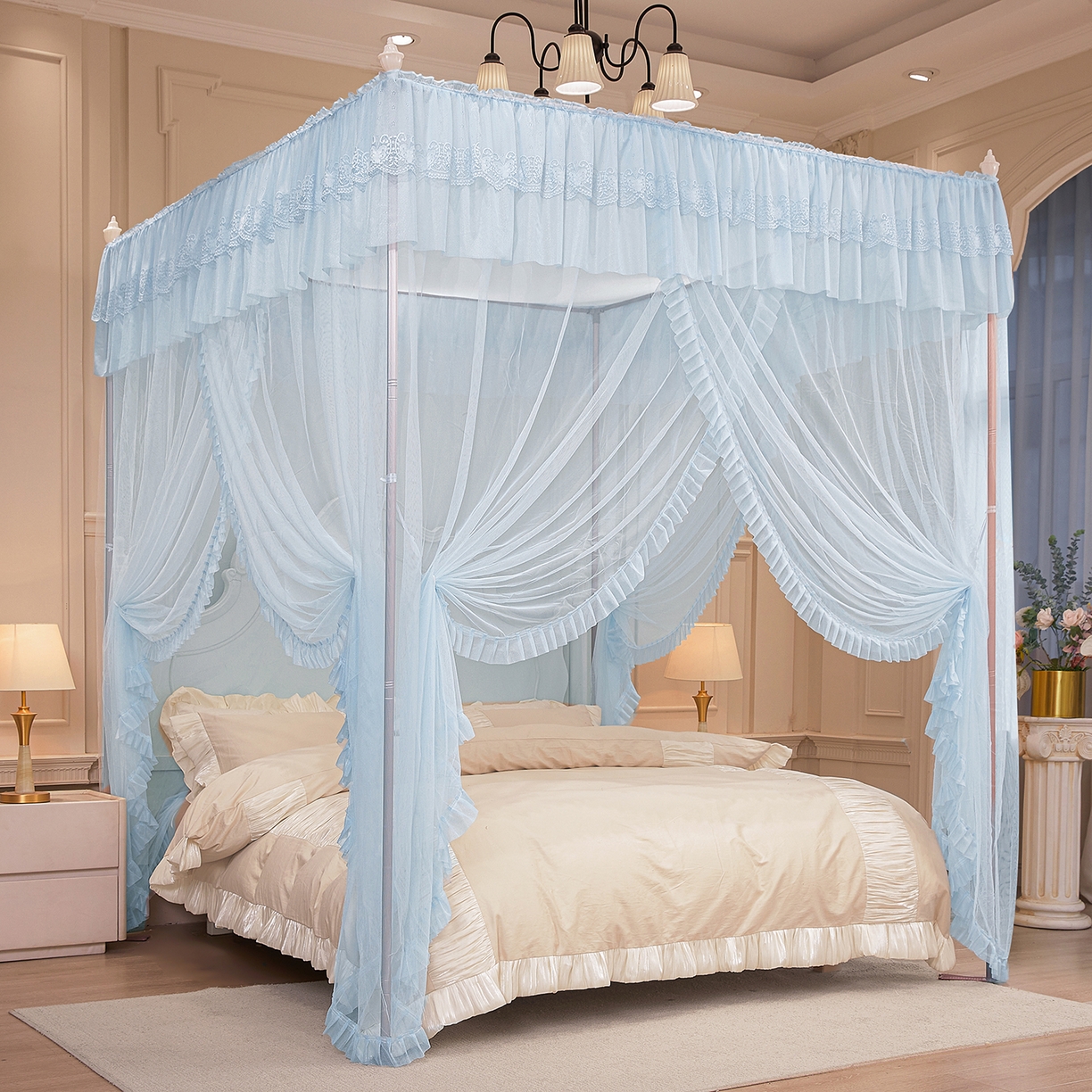 海虹蚊帐 2026新款2603款三开门一体防尘顶落地蚊帐 浅蓝