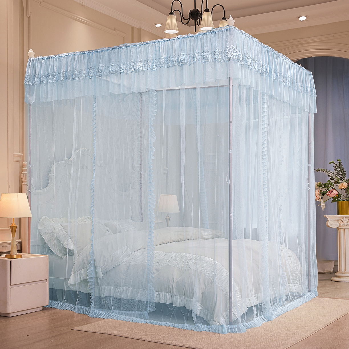 91家纺网 家纺一手货源 找家纺 海虹蚊帐 2026新款2603款三开门一体防尘顶落地蚊帐 浅蓝