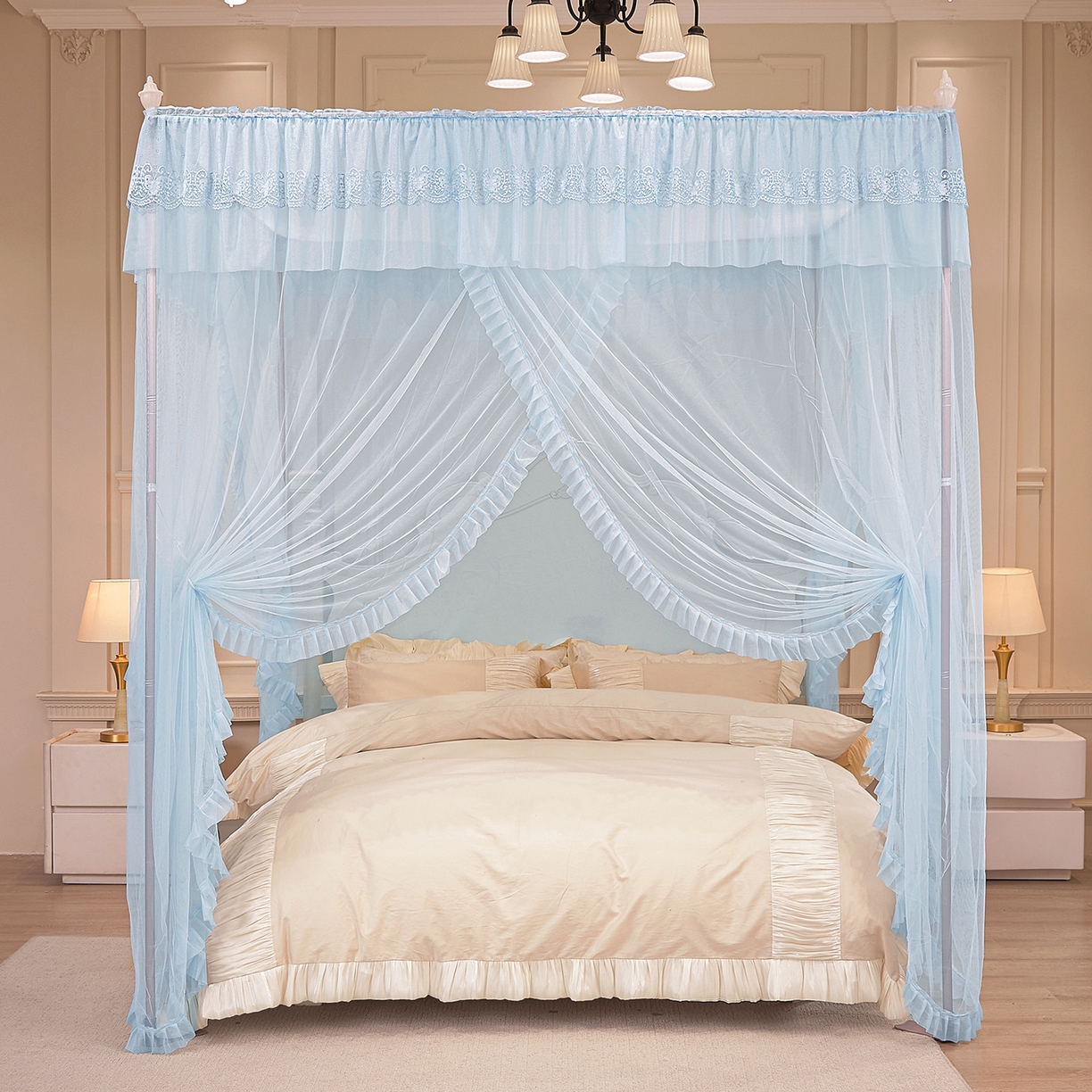 91家纺网 家纺一手货源 找家纺 海虹蚊帐 2026新款2603款三开门一体防尘顶落地蚊帐 浅蓝