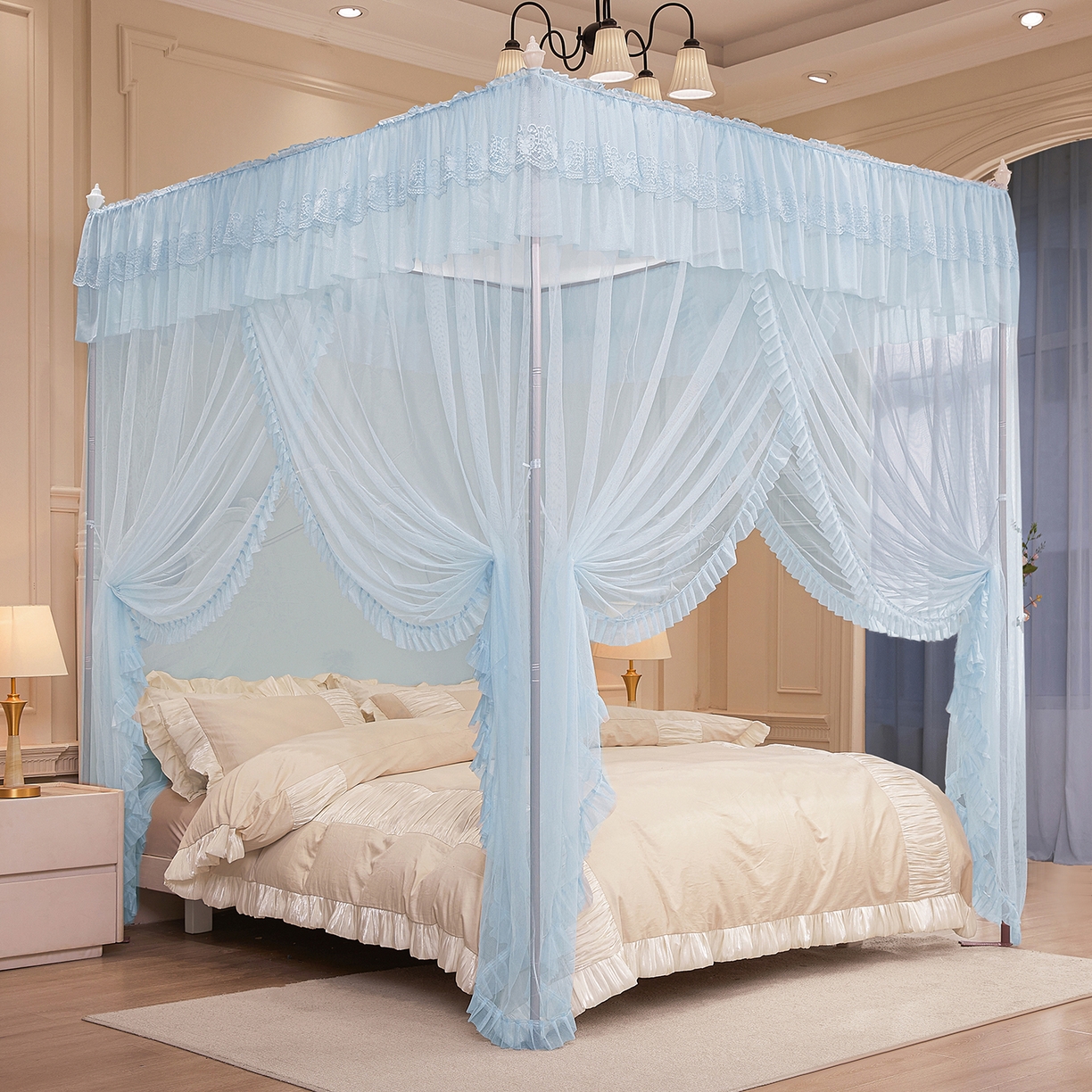 91家纺网 家纺一手货源 找家纺 海虹蚊帐 2026新款2603款三开门一体防尘顶落地蚊帐 浅蓝