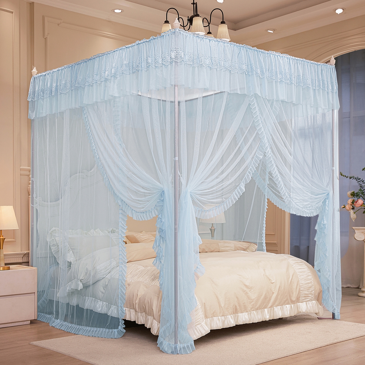 91家纺网 家纺一手货源 找家纺 海虹蚊帐 2026新款2603款三开门一体防尘顶落地蚊帐 浅蓝