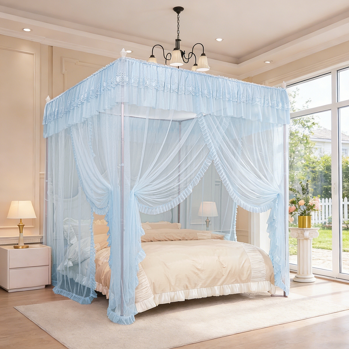 91家纺网 家纺一手货源 找家纺 海虹蚊帐 2026新款2603款三开门一体防尘顶落地蚊帐 浅蓝