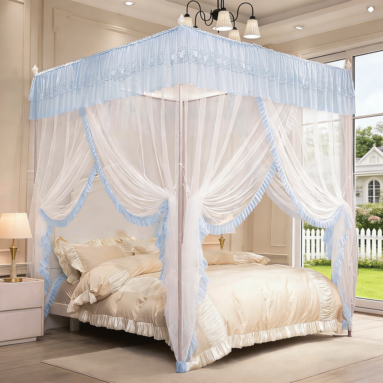 91家纺网 家纺一手货源 找家纺 海虹蚊帐 2026新款2603款三开门一体防尘顶落地蚊帐 白色