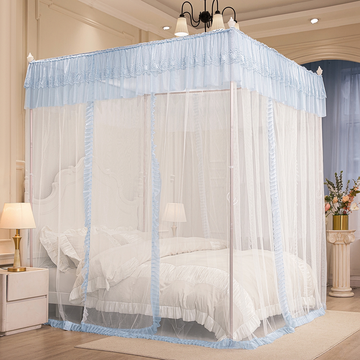 91家纺网 家纺一手货源 找家纺 海虹蚊帐 2026新款2603款三开门一体防尘顶落地蚊帐 白色