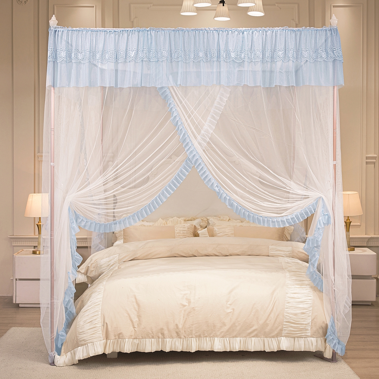 91家纺网 家纺一手货源 找家纺 海虹蚊帐 2026新款2603款三开门一体防尘顶落地蚊帐 白色