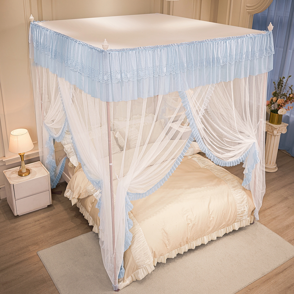 91家纺网 家纺一手货源 找家纺 海虹蚊帐 2026新款2603款三开门一体防尘顶落地蚊帐 白色