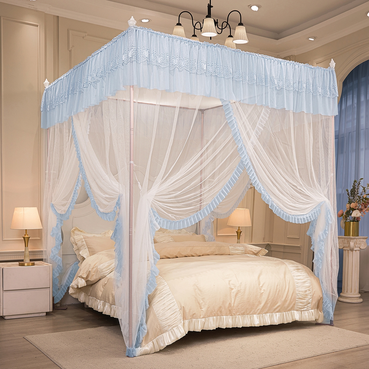 91家纺网 家纺一手货源 找家纺 海虹蚊帐 2026新款2603款三开门一体防尘顶落地蚊帐 白色