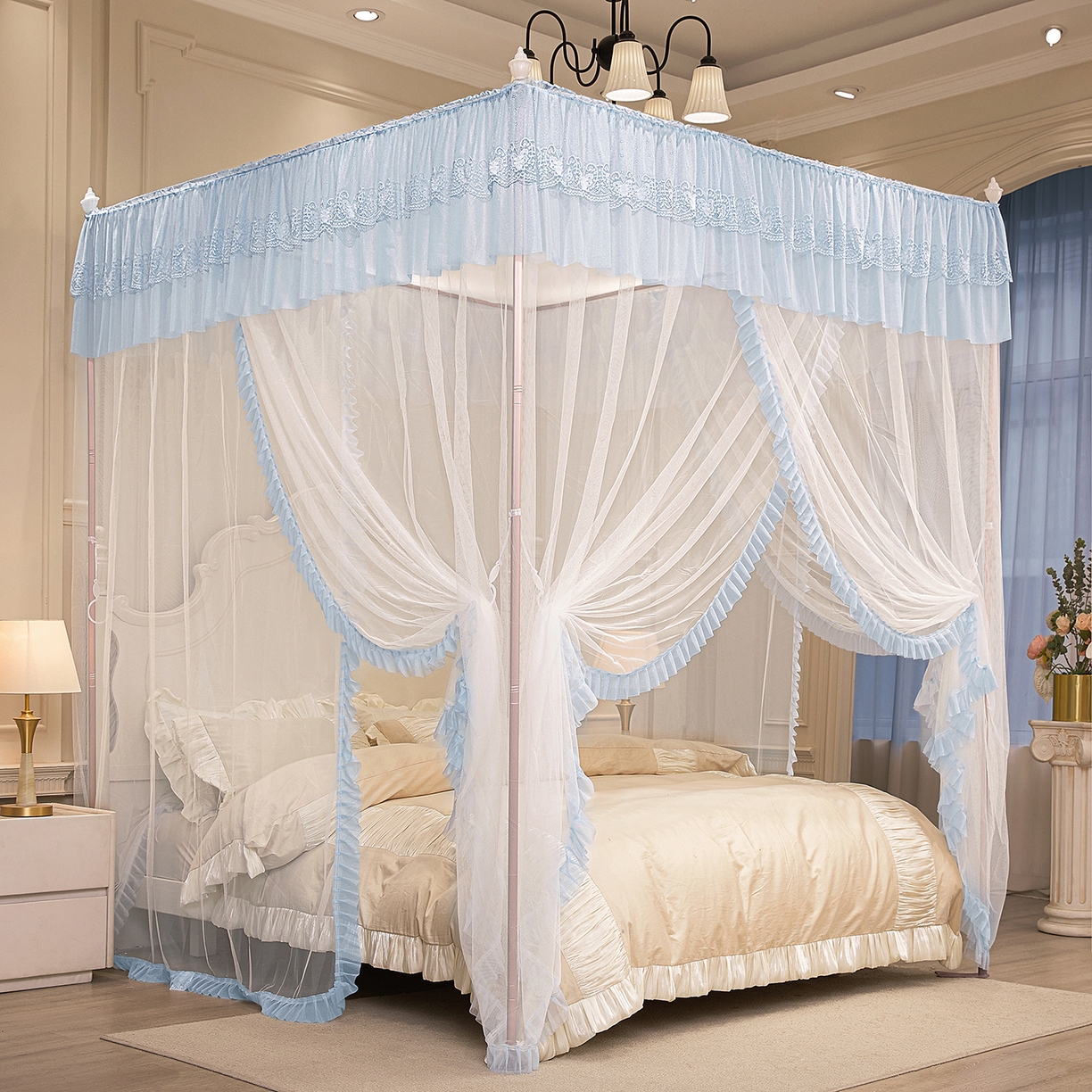 91家纺网 家纺一手货源 找家纺 海虹蚊帐 2026新款2603款三开门一体防尘顶落地蚊帐 白色