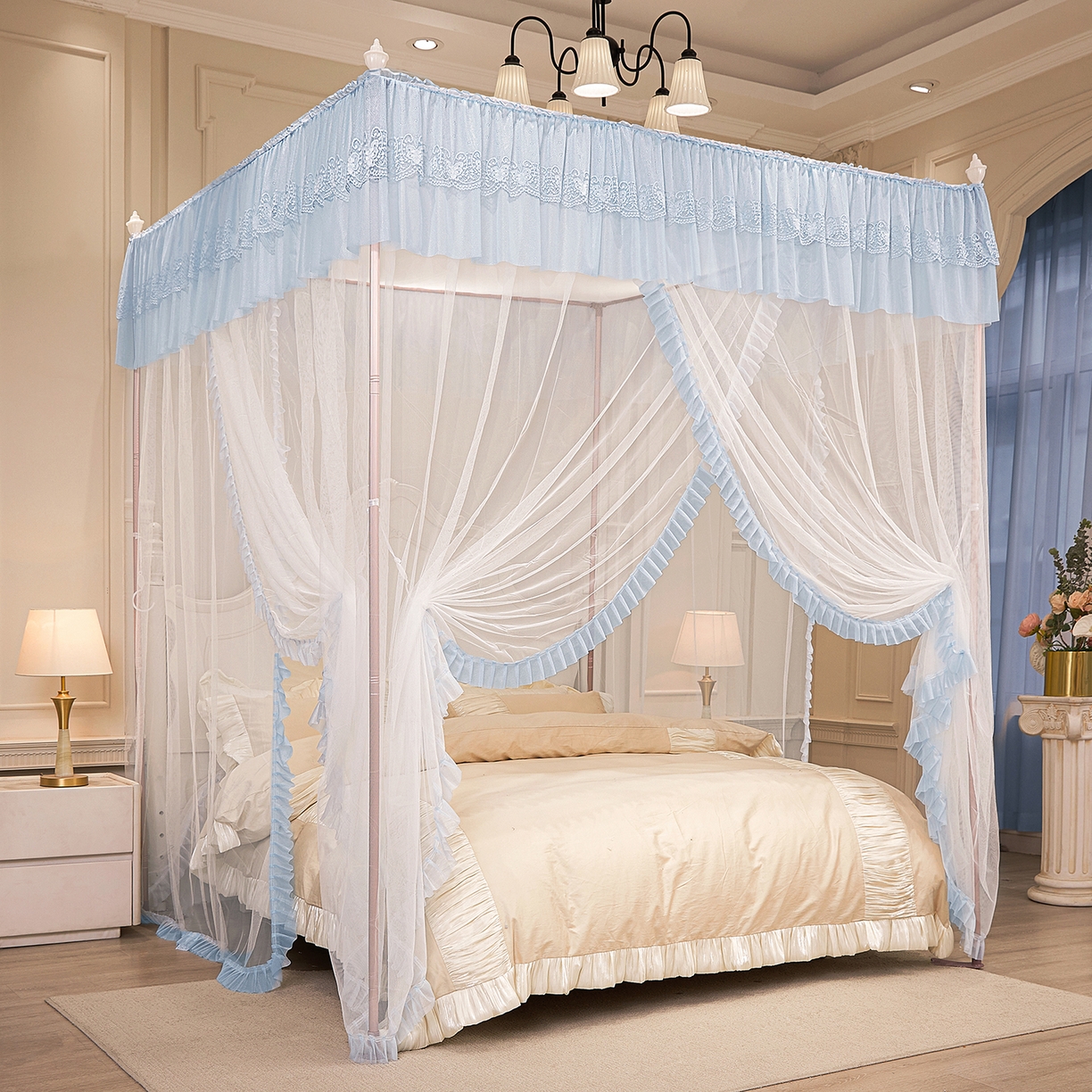 91家纺网 家纺一手货源 找家纺 海虹蚊帐 2026新款2603款三开门一体防尘顶落地蚊帐 白色