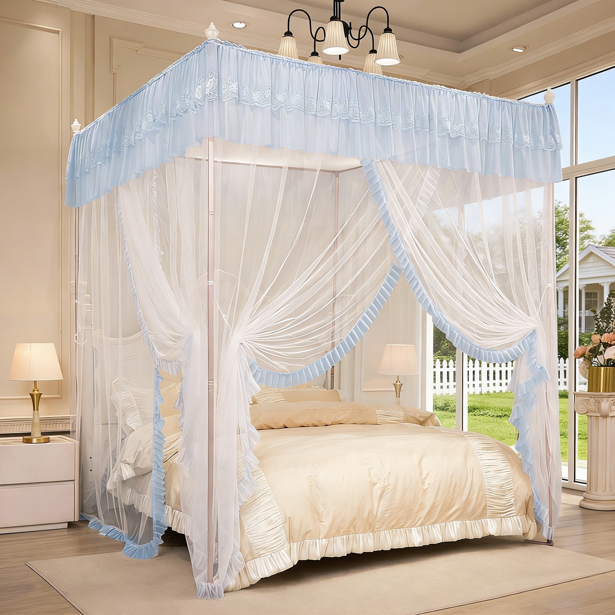 91家纺网 家纺一手货源 找家纺 海虹蚊帐 2026新款2603款三开门一体防尘顶落地蚊帐 白色