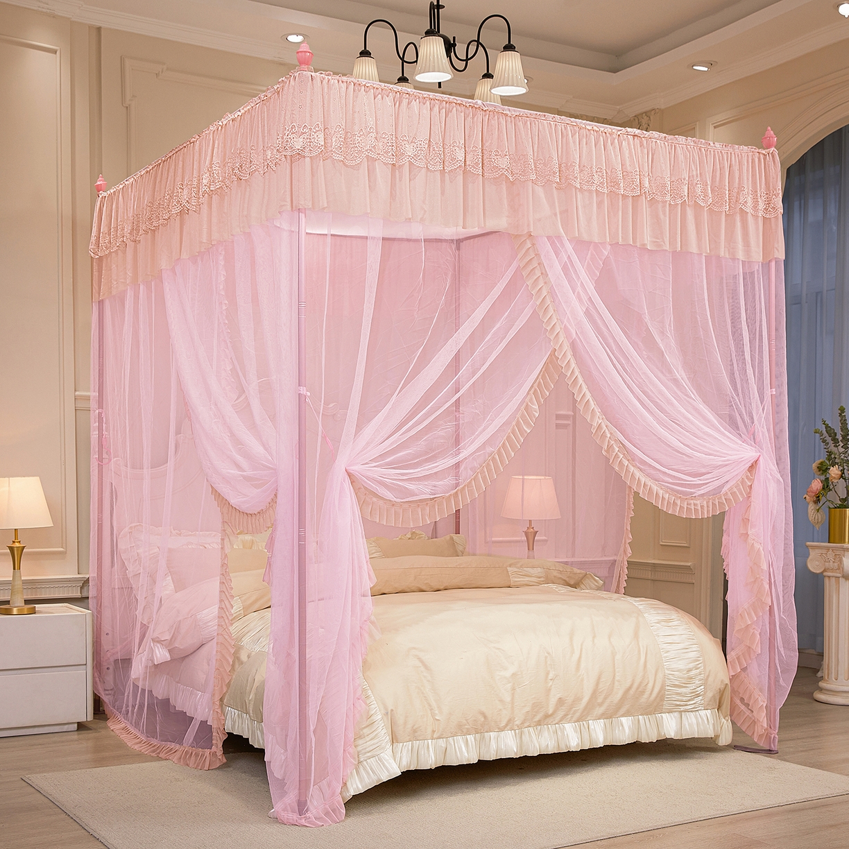 91家纺网 家纺一手货源 找家纺 海虹蚊帐 2026新款2603款三开门一体防尘顶落地蚊帐 浅粉