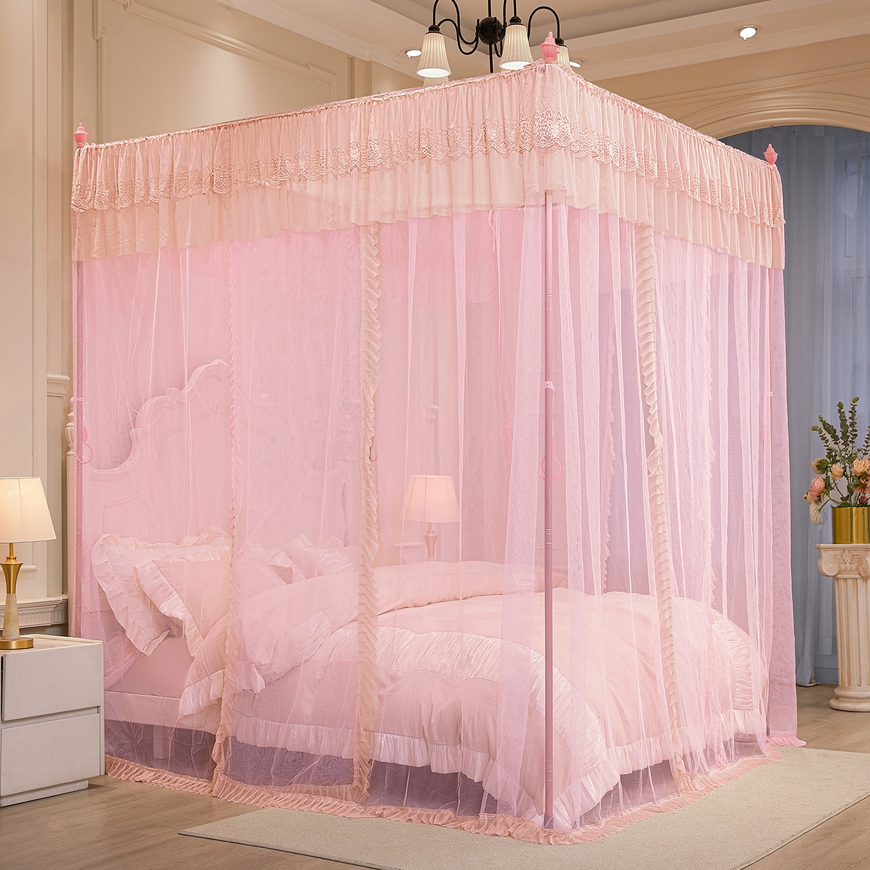 91家纺网 家纺一手货源 找家纺 海虹蚊帐 2026新款2603款三开门一体防尘顶落地蚊帐 浅粉