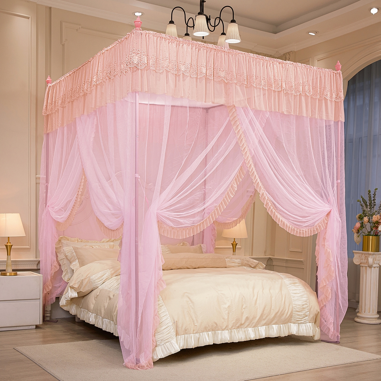 91家纺网 家纺一手货源 找家纺 海虹蚊帐 2026新款2603款三开门一体防尘顶落地蚊帐 浅粉