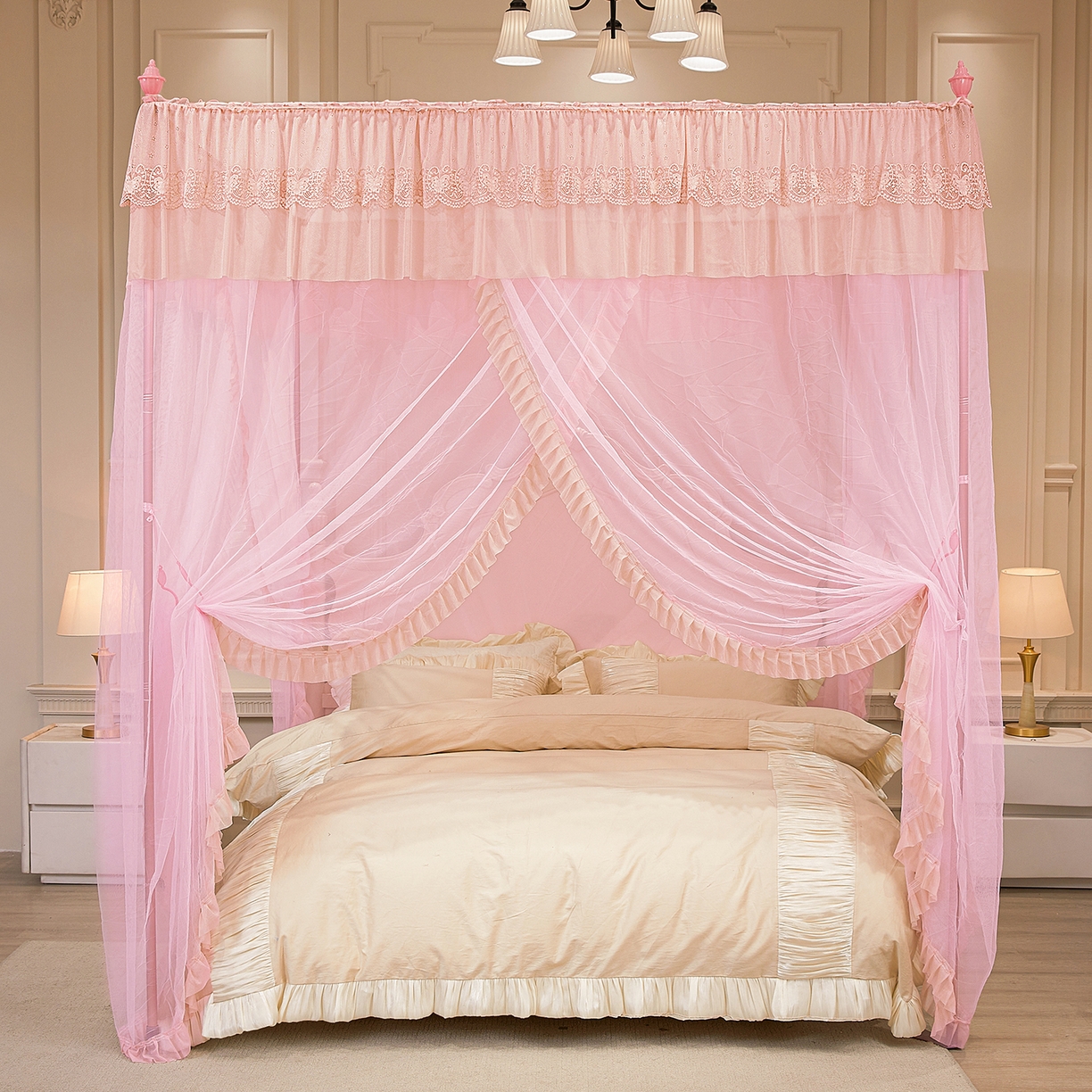 91家纺网 家纺一手货源 找家纺 海虹蚊帐 2026新款2603款三开门一体防尘顶落地蚊帐 浅粉